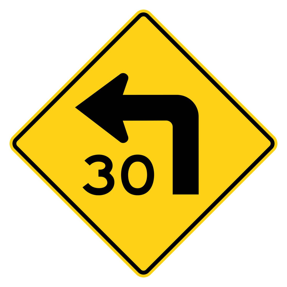 Left Turn 30 MPH Advisory Speed Sign W1-1aL - yellow diamond sign with black left turn arrow above 30