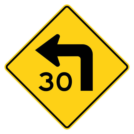 Left Turn 30 MPH Advisory Speed Sign W1-1aL - yellow diamond sign with black left turn arrow above 30