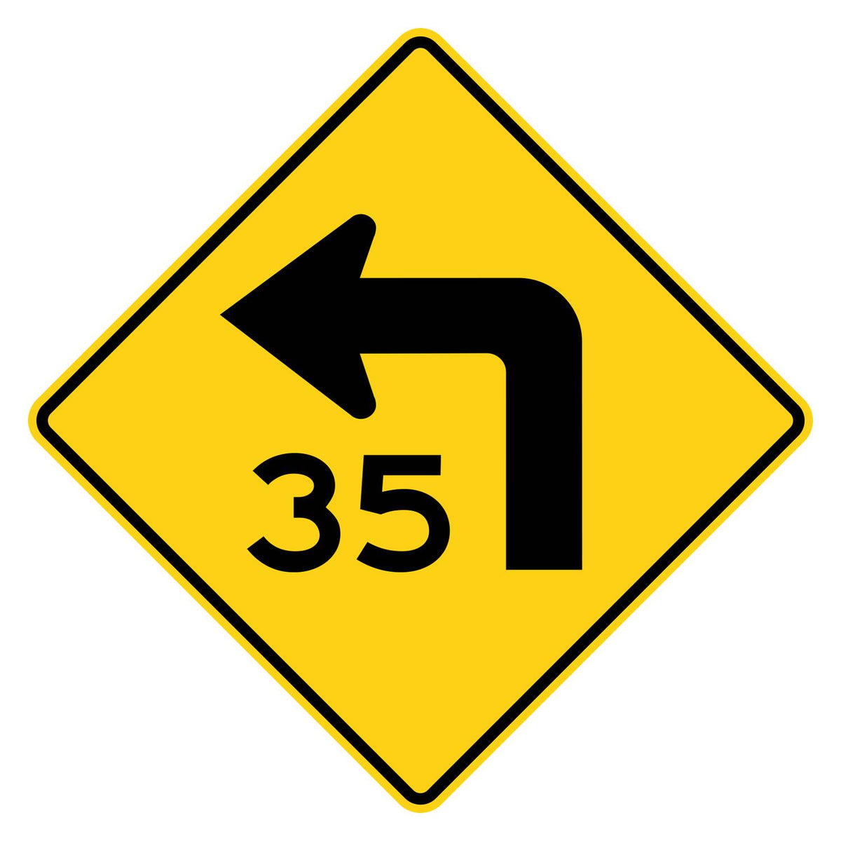 Left Turn 35 MPH Advisory Speed Sign W1-1aL - yellow diamond sign with black left turn arrow above 35