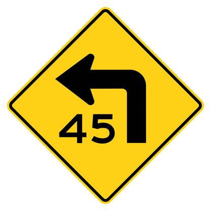 Left Turn 45 MPH Advisory Speed Sign W1-1aL - yellow diamond sign with black left turn arrow above 45