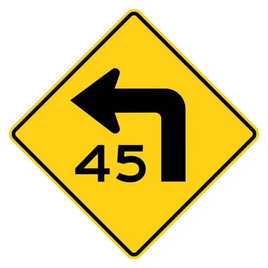 Left Turn 45 MPH Advisory Speed Sign W1-1aL - yellow diamond sign with black left turn arrow above 45