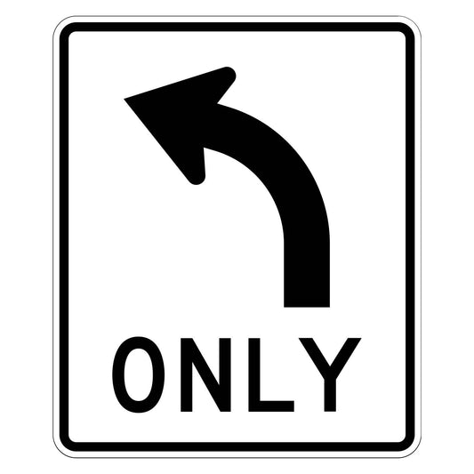 White R3-5L mandatory left turn only sign with a black arrow and "ONLY" text.