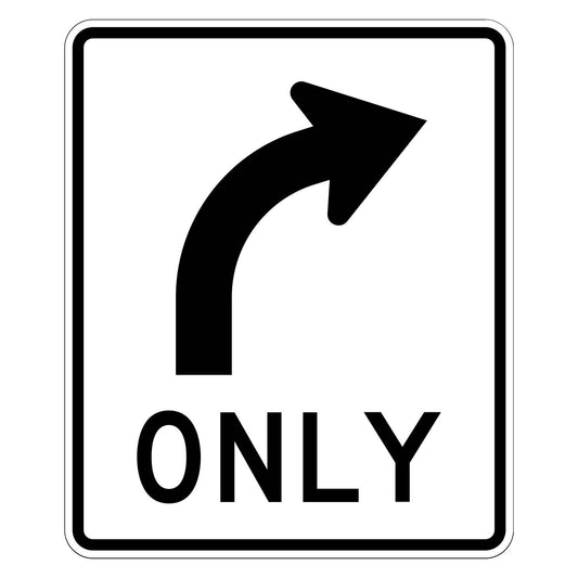 White R3-5R mandatory right turn only arrow sign with black legend and arrow.