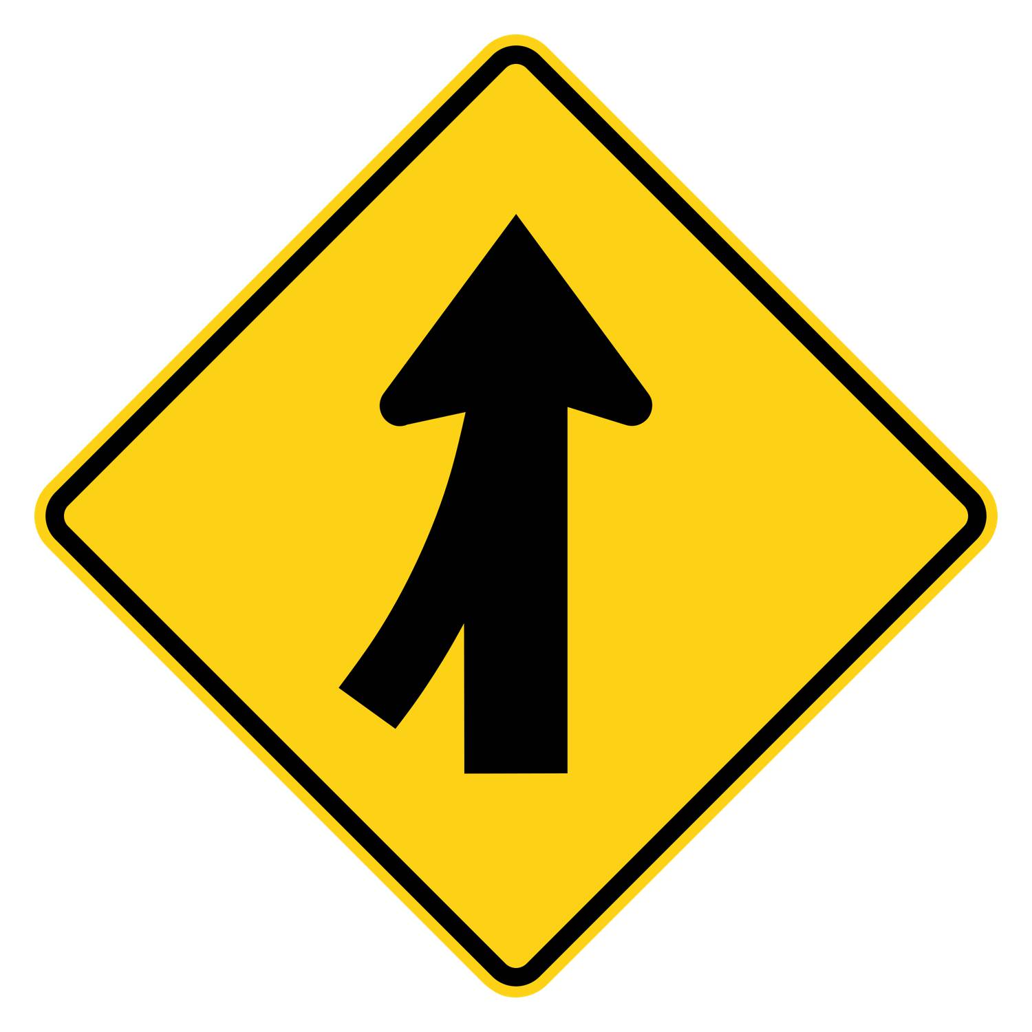 Merge Left Warning Sign W4-1L - yellow diamond sign with black merging arrows pictograph joining from the left