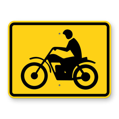 Motorcycle Plaque W8-15aP - yellow horizontal rectangle plaque with a black motorcycle and rider symbol