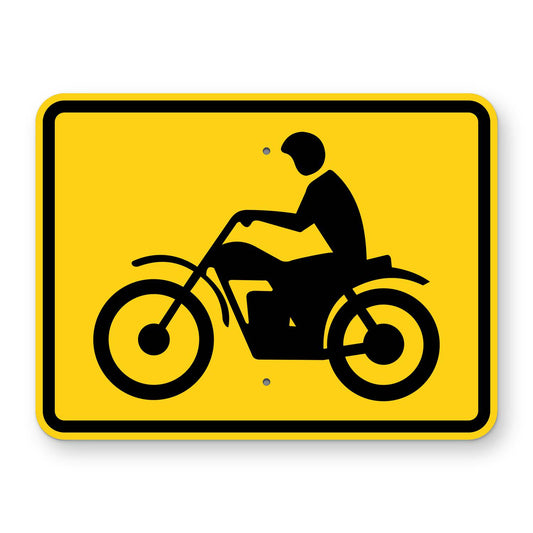 Motorcycle Plaque W8-15aP - yellow horizontal rectangle plaque with a black motorcycle and rider symbol