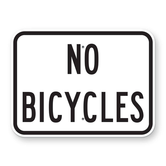 No Bicycles Plaque - white horizontal rectangle plaque reading NO BICYCLES
