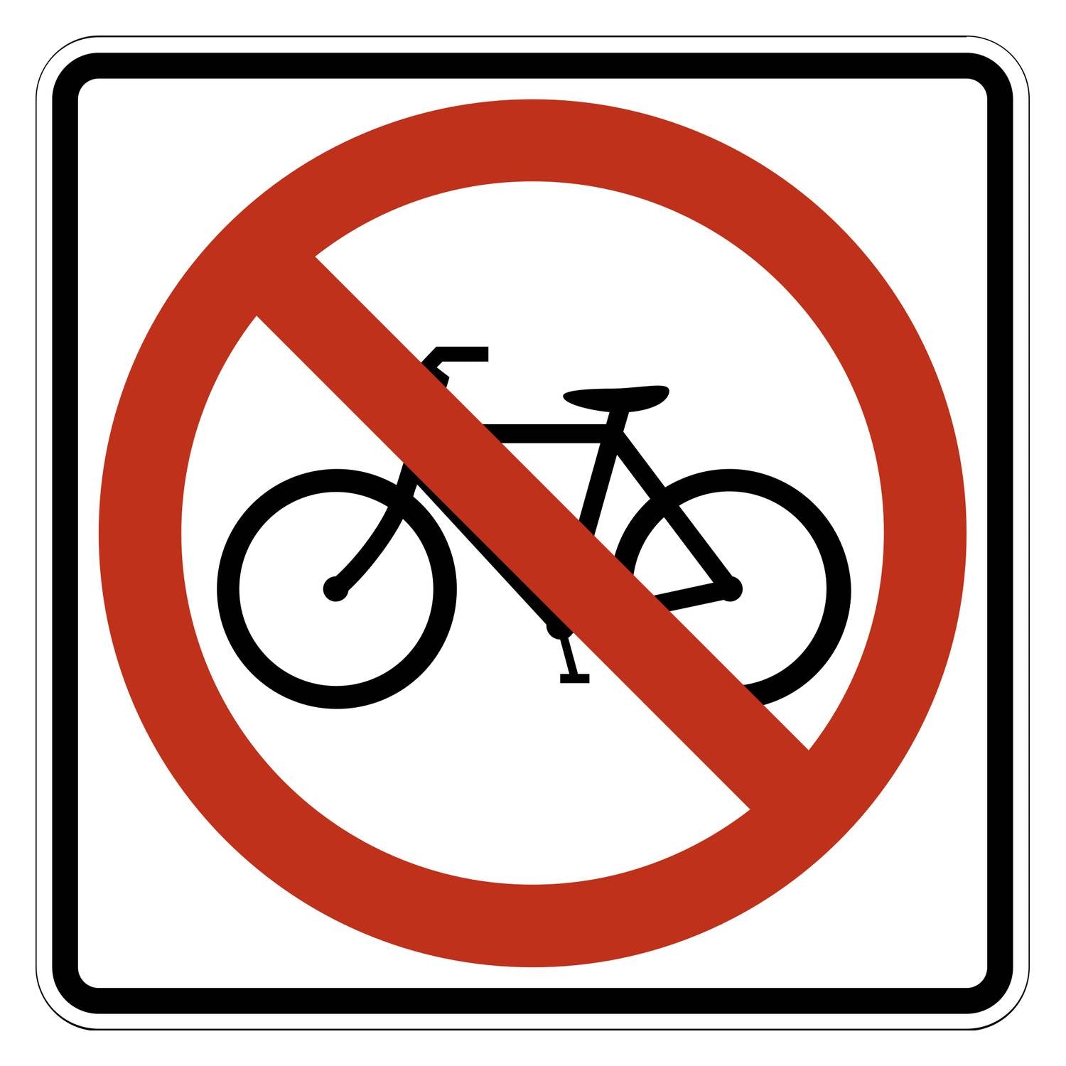 White retroreflective R5-6 "No Bikes" sign with a black bicycle symbol and red prohibition circle and slash.