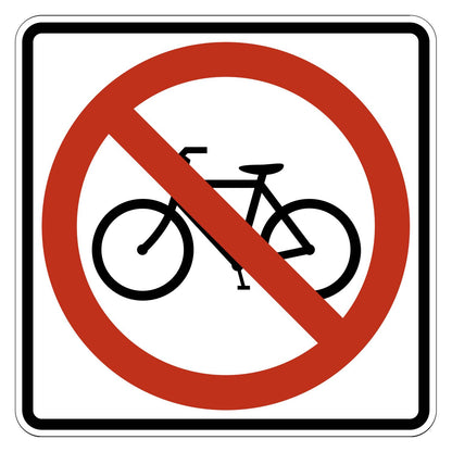 White retroreflective R5-6 "No Bikes" sign with a black bicycle symbol and red prohibition circle and slash.
