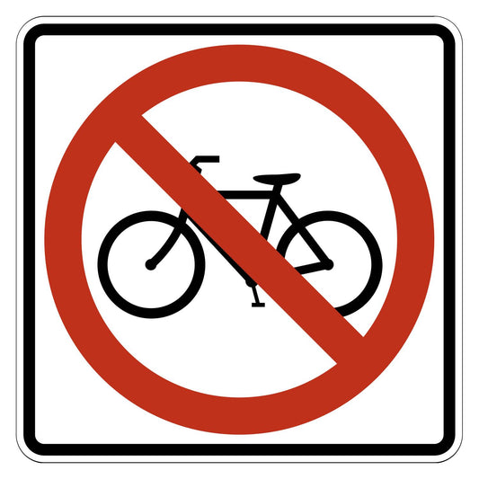 White retroreflective R5-6 "No Bikes" sign with a black bicycle symbol and red prohibition circle and slash.