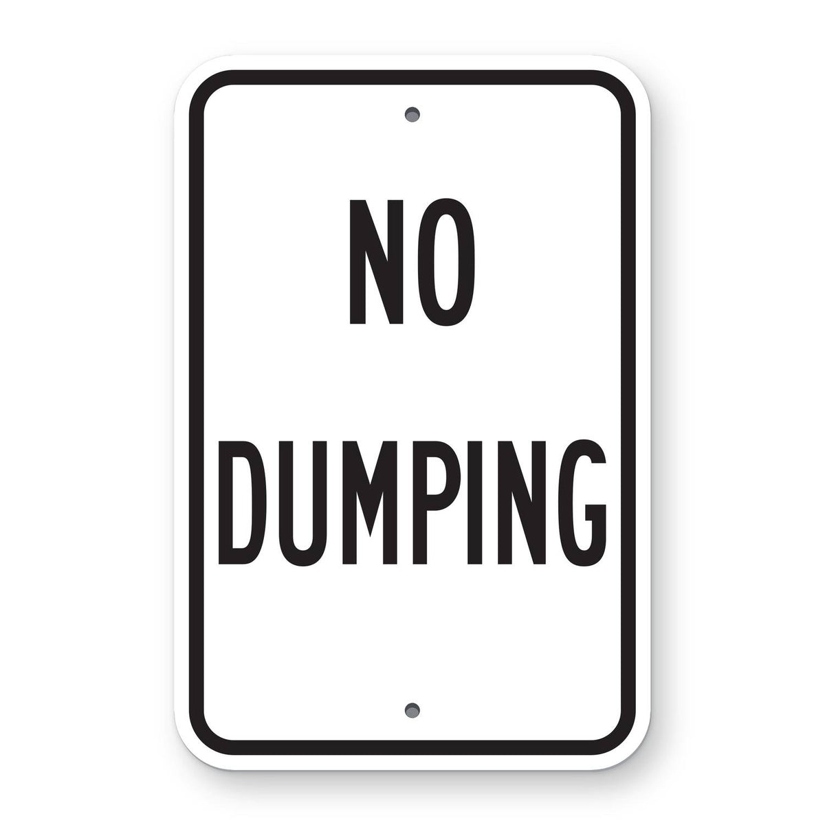 No Dumping Sign - white vertical rectangle sign reading NO DUMPING in black