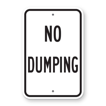 No Dumping Sign - white vertical rectangle sign reading NO DUMPING in black