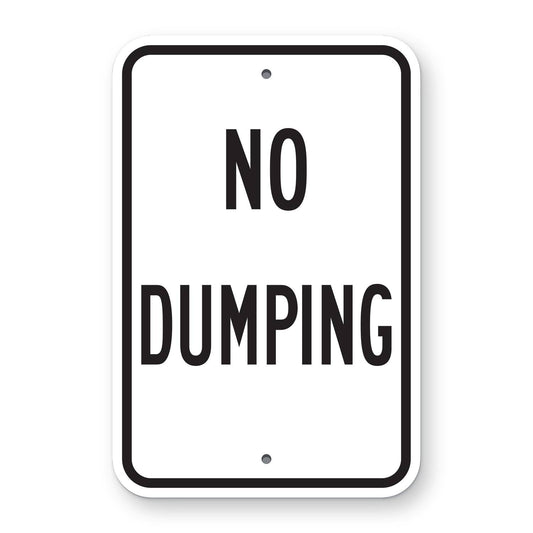 No Dumping Sign - white vertical rectangle sign reading NO DUMPING in black