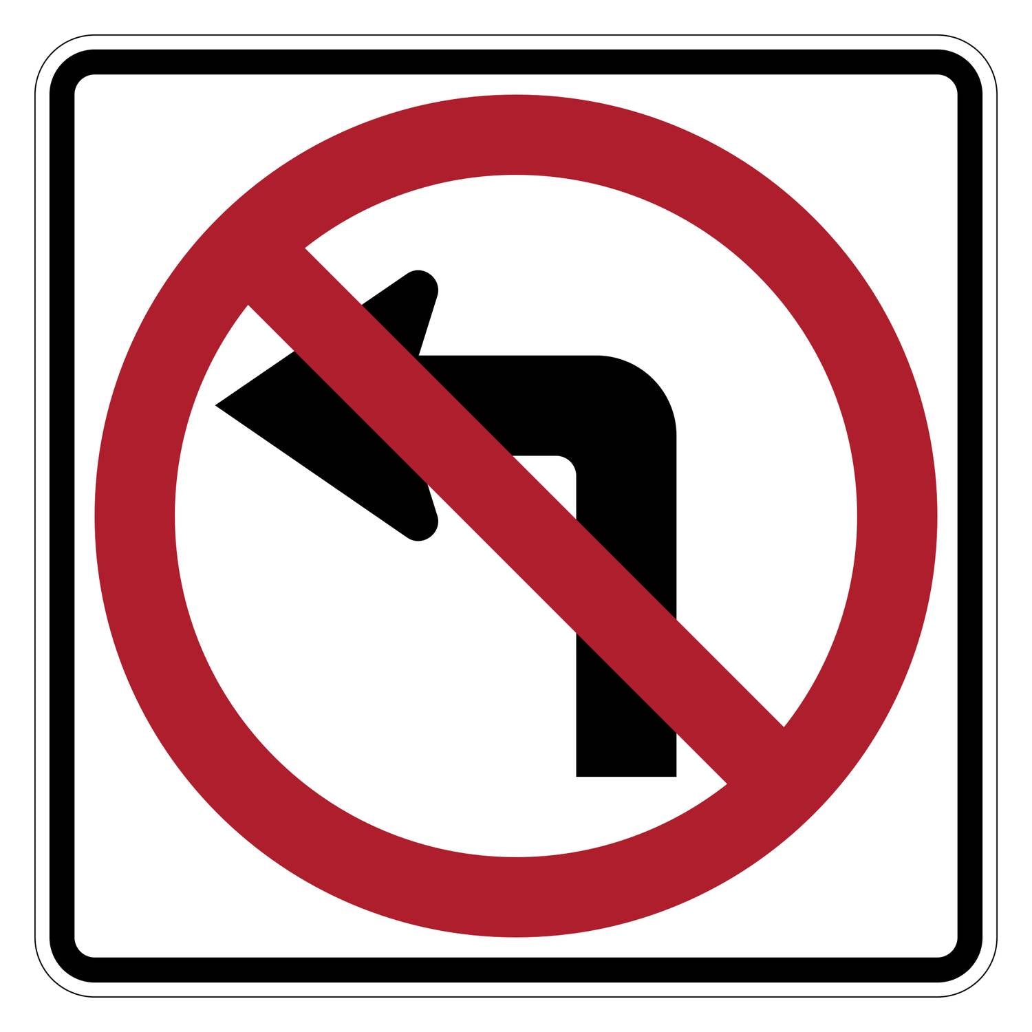 White square "No Left Turn" sign with a black arrow and red prohibition circle and slash.