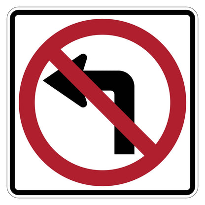 White square "No Left Turn" sign with a black arrow and red prohibition circle and slash.