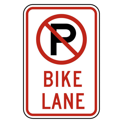No Parking Bike Lane Symbol Sign R7-9a - white vertical rectangle sign with a red circle and slash over a black P above BIKE LANE in red
