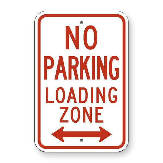 No Parking Loading Zone Sign (Double Arrow) R7-6D - white vertical rectangle sign reading NO PARKING LOADING ZONE in red with a red double arrow