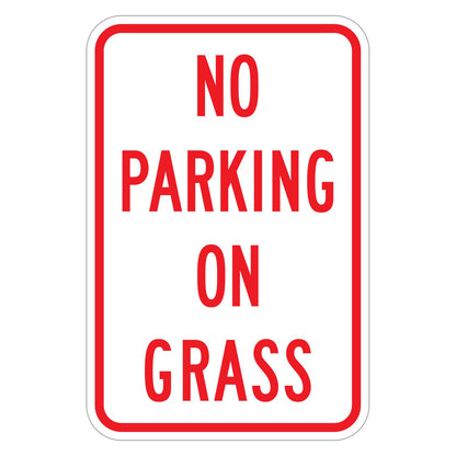 No Parking on Grass Sign - white vertical rectangle sign reading NO PARKING ON GRASS in red