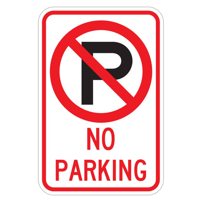 No Parking Symbol and Words Sign - white vertical rectangle sign with a red circle and slash over a black P above NO PARKING in red
