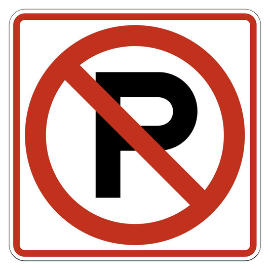 No Parking Symbol Sign R8-3 - white square sign with a black letter P under a red circle-slash
