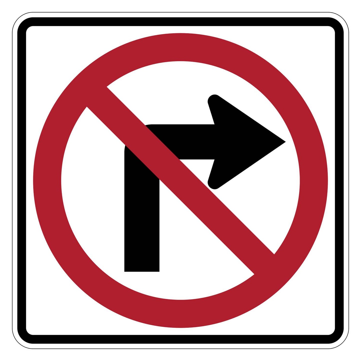White square "No Right Turn" sign with a black arrow and red prohibition circle and slash.