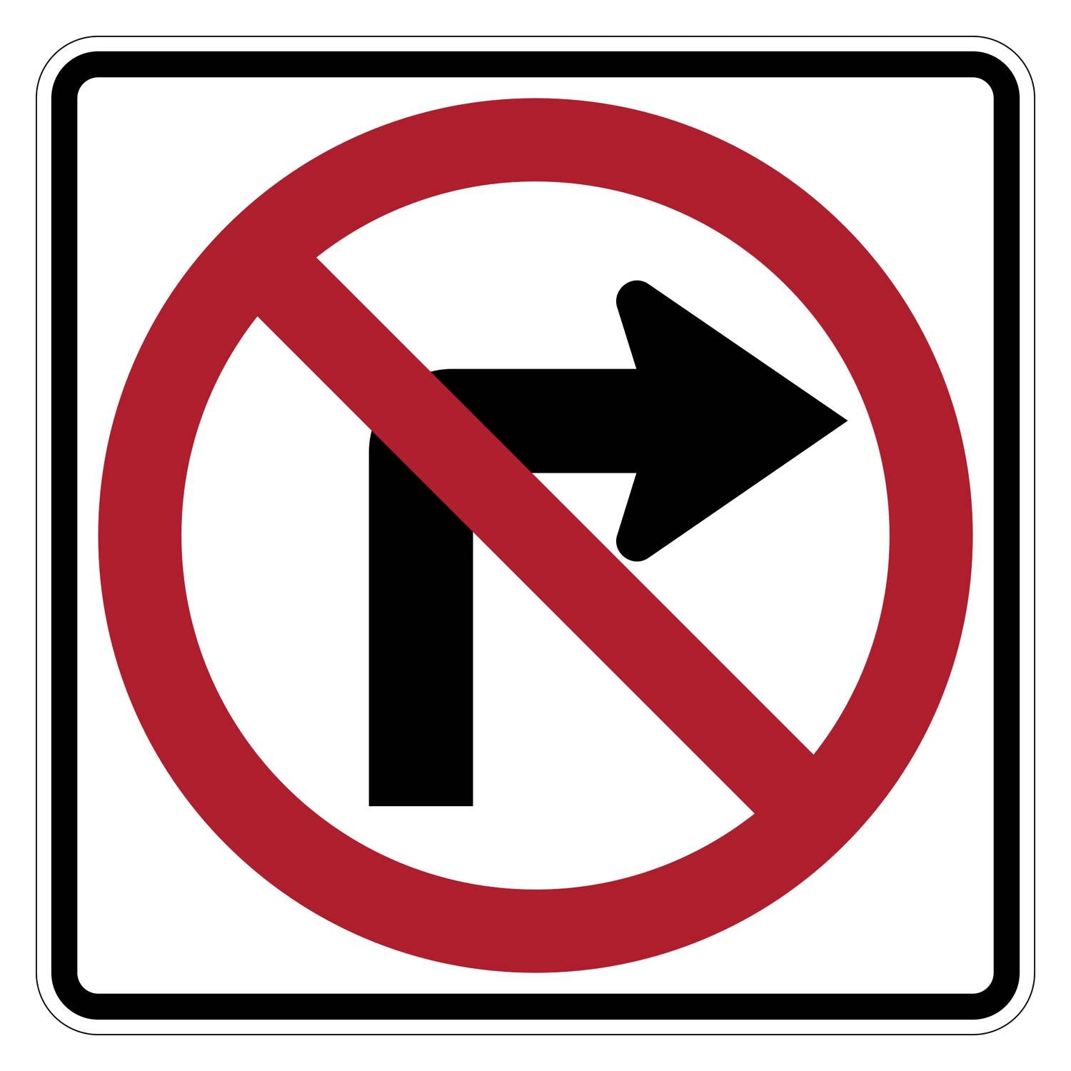 White square "No Right Turn" sign with a black arrow and red prohibition circle and slash.