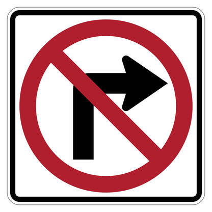 White square "No Right Turn" sign with a black arrow and red prohibition circle and slash.