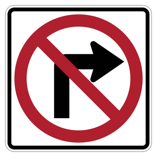 White square "No Right Turn" sign with a black arrow and red prohibition circle and slash.