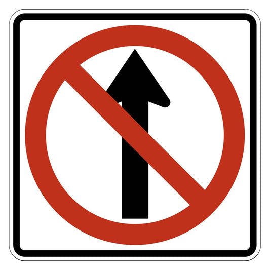 White square sign with a black border, featuring a black straight arrow symbol inside a red prohibition circle and slash.