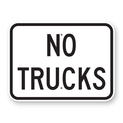 No Trucks Plaque - white horizontal rectangle plaque reading NO TRUCKS
