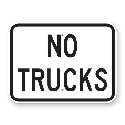 No Trucks Plaque - white horizontal rectangle plaque reading NO TRUCKS