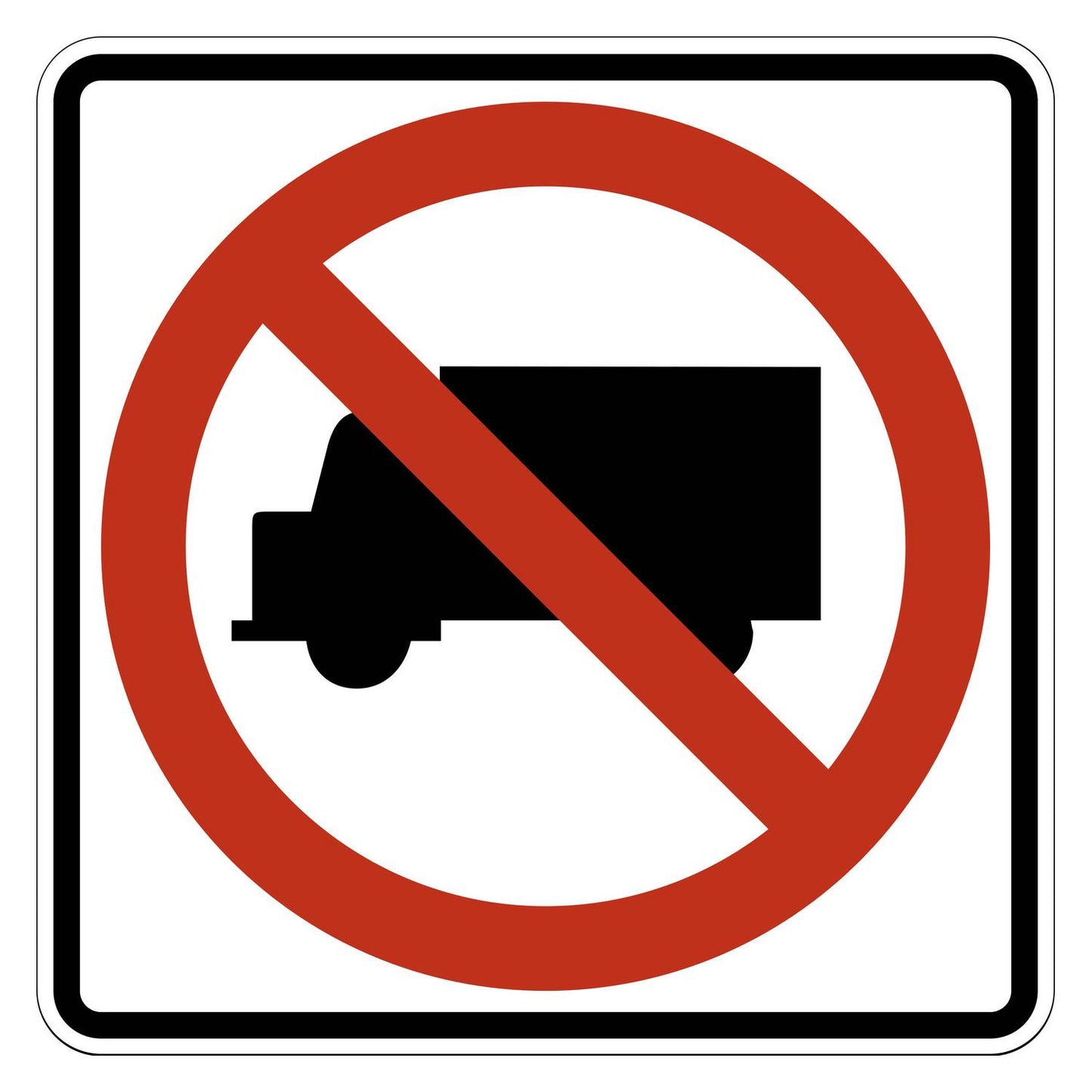 White square "No Trucks" sign with a black truck symbol and a red prohibition circle and slash.