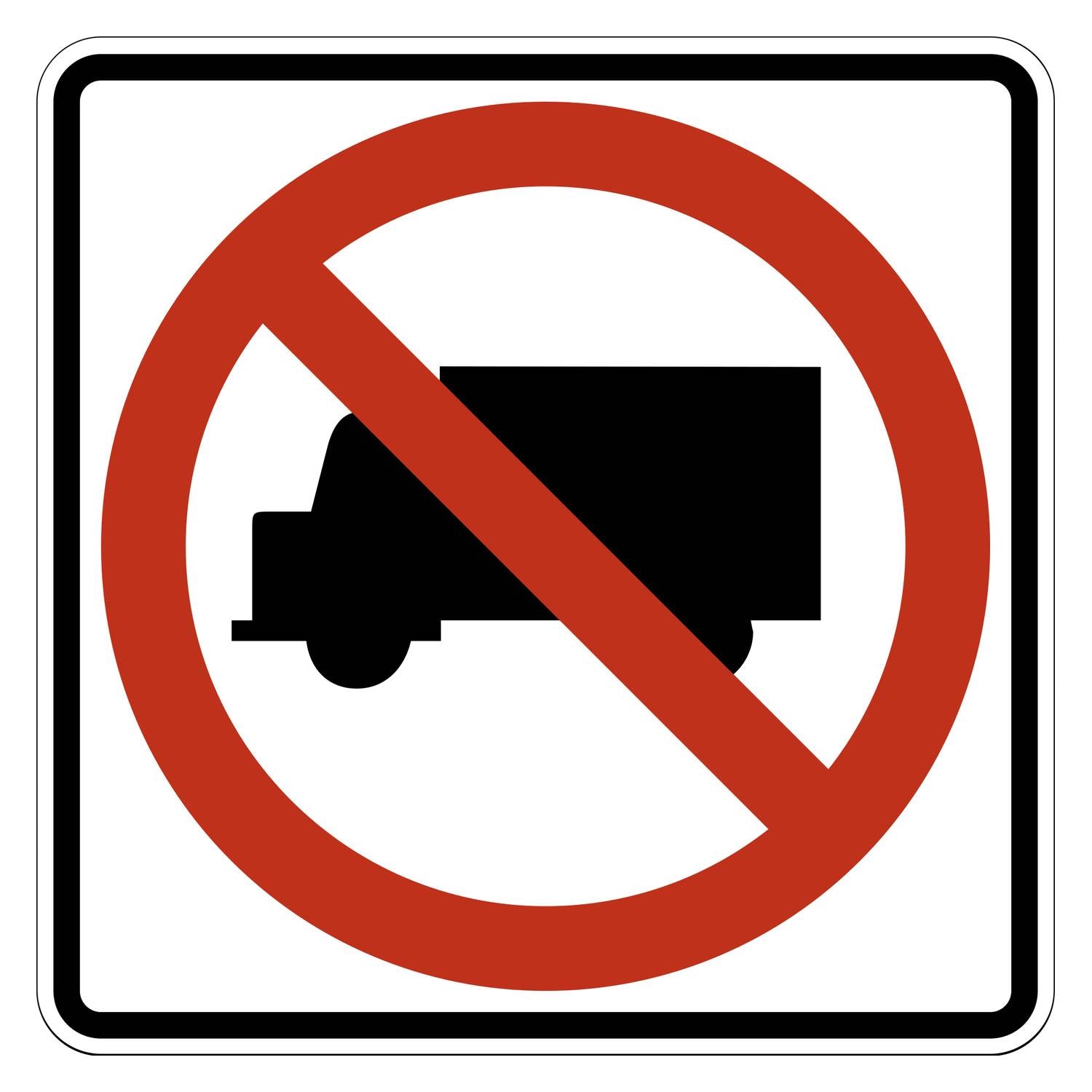 White square "No Trucks" sign with a black truck symbol and a red prohibition circle and slash.