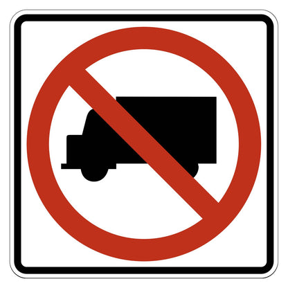 White square "No Trucks" sign with a black truck symbol and a red prohibition circle and slash.