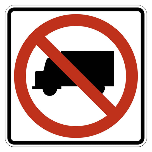 White square "No Trucks" sign with a black truck symbol and a red prohibition circle and slash.