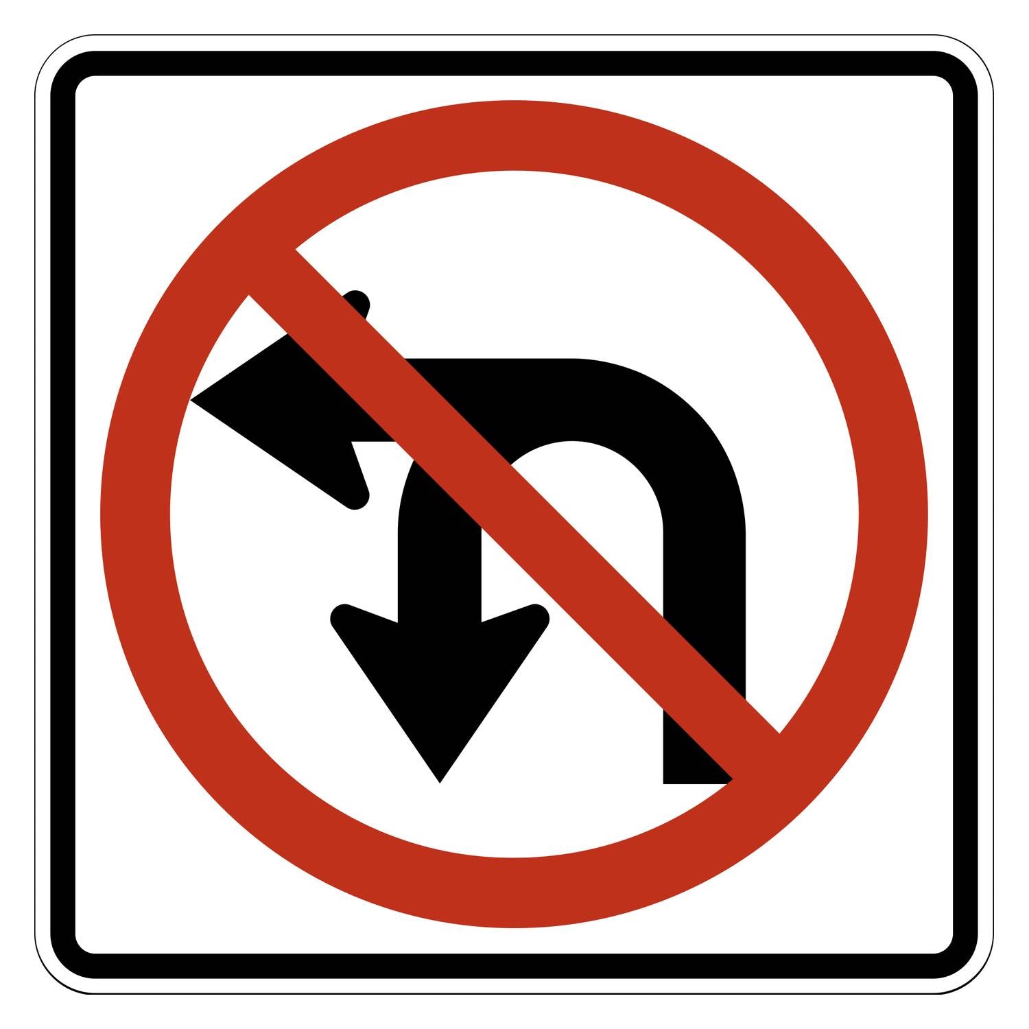 White square sign with red circle and diagonal line prohibiting black U-turn and left-turn arrows.