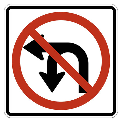 White square sign with red circle and diagonal line prohibiting black U-turn and left-turn arrows.