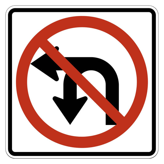 White square sign with red circle and diagonal line prohibiting black U-turn and left-turn arrows.
