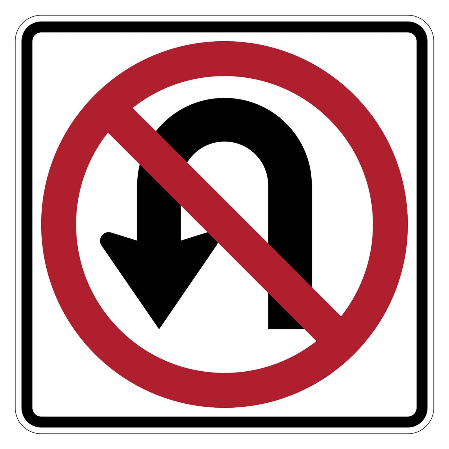 White square No U Turn sign with black arrow, red prohibition circle and slash.