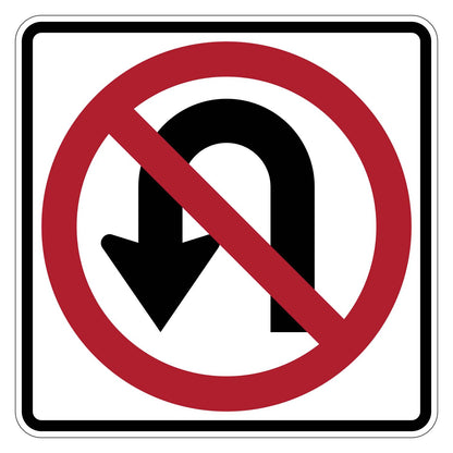 White square No U Turn sign with black arrow, red prohibition circle and slash.