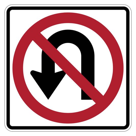White square No U Turn sign with black arrow, red prohibition circle and slash.