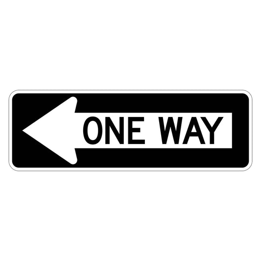 Black R6-1L One Way sign with white text and left-pointing arrow, 36" x 12".