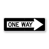One Way Right Arrow Sign R6-1R - black horizontal rectangle sign with a white right arrow containing ONE WAY in black