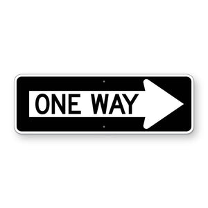 One Way Right Arrow Sign R6-1R - black horizontal rectangle sign with a white right arrow containing ONE WAY in black