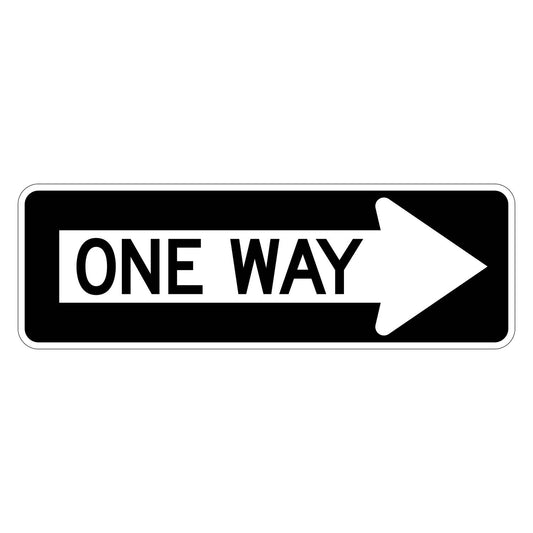 Black R6-1R One Way sign with white text and right arrow, 36" x 12".