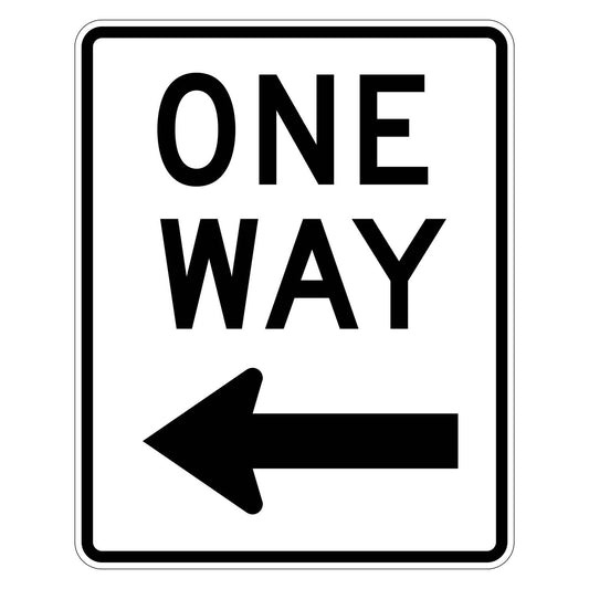 White R6-2L One Way sign with a black border, "ONE WAY" text, and a left-pointing arrow.