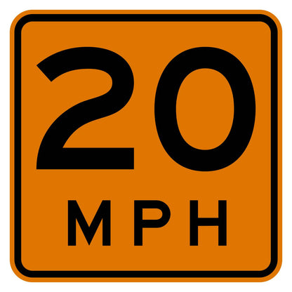 Orange square construction advisory speed sign with black "20 MPH" text.