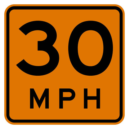 Orange retroreflective construction advisory speed 30 MPH plaque with black text and border.