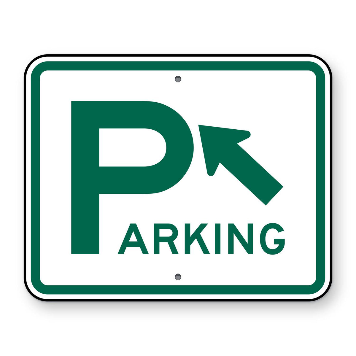 Parking Area Left Arrow Sign D4-1L - white horizontal rectangle sign with a green border, a large green P that starts the word PARKING and a green arrow pointing up and to the left