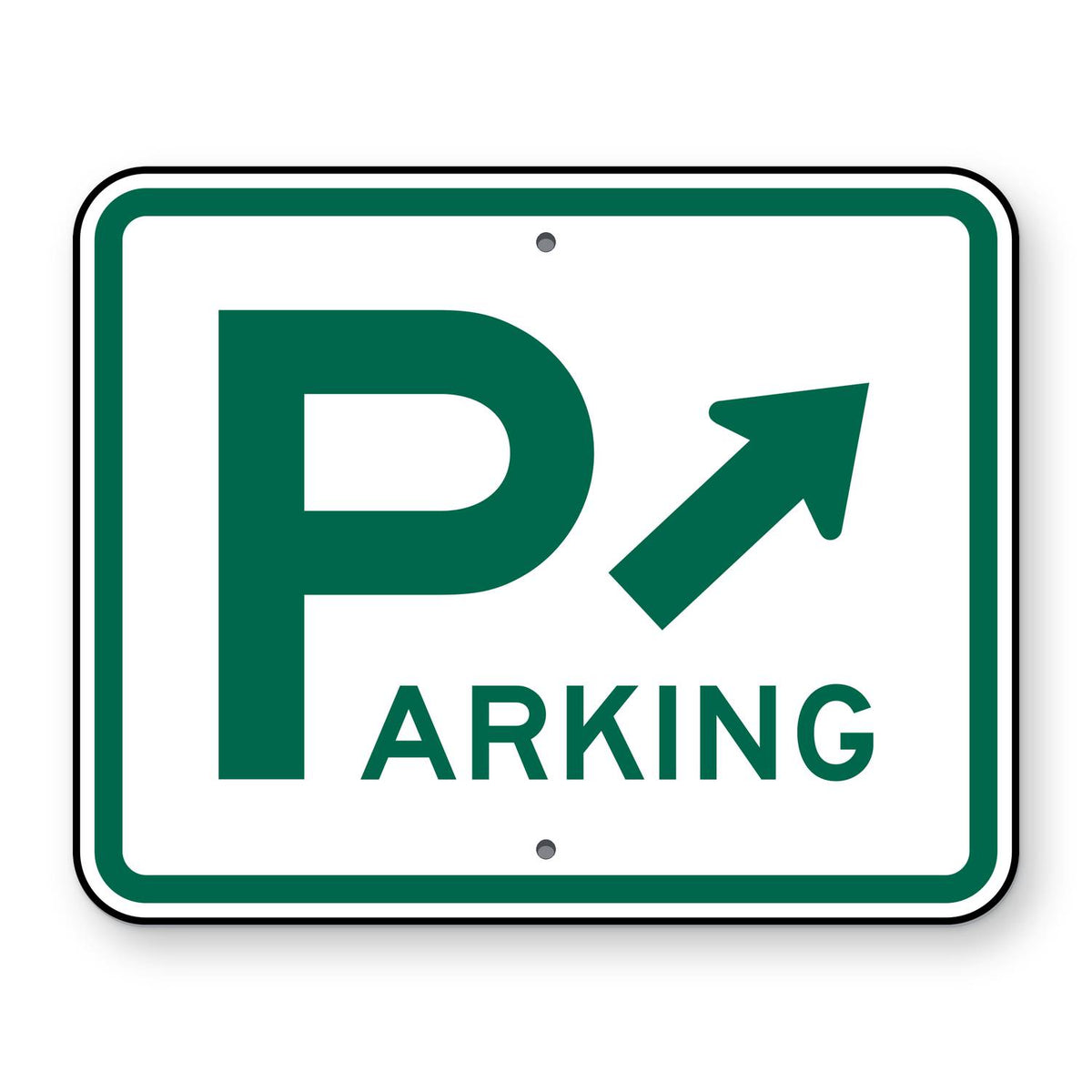 Parking Area Right Arrow Sign D4-1R - white horizontal rectangle sign with a green border, a large green P that starts the word PARKING and a green arrow pointing up and to the right
